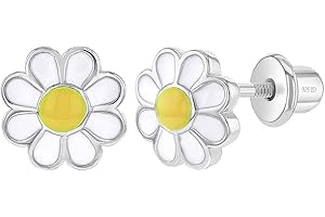 In Season Jewelry Plata Fina 925 Pendientes con Cierre de Rosca en Forma de Margarita Esmalte y Blanco de 7 mm para Niñas, Niñas Pequeñas, Jovencitas y Preadolescentes