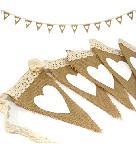 PsmGoods® Weinlese-Herz Jute Sackleinen hessischen Bunting Banner Flag für Hochzeitsfest-Dekoration-weiße Spitze 3m - 6