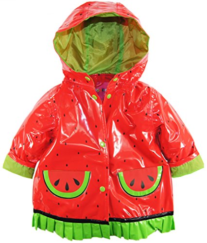 Wippette Baby Girls Infant Waterproof Hooded Ruffle Watermelon Raincoat Jacket, Tomato, 24 Months
