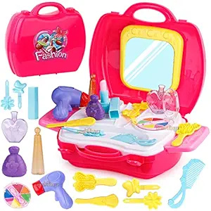 Zest 4 Toyz Beauty Makeup Kit for Doll Girls Cosmetic Set with Mirror, Hair Dryer & Makeup Accessories Portable Pretend Play Fashion Set Toy for Kids Plastic - Multicolor