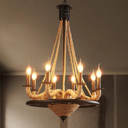 Preisvergleich Produktbild Modeen Retro Industrie 8 E14 Lichtquelle Hanfseil Kronleuchter Amerikanischen Land Schmiedeeisen Schwarz Kreis Halterung Decke Pendelleuchte Innenleuchten