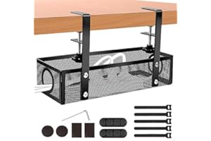 iNextStation Under Desk Cable Management Tray, Cable Organisers Under Desk, No Damage to Desk, Cable Rack with Clamp for Desk Wire Management, No Drill Cable Tidy Box for Office Home, Black