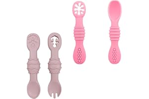 Bojiwavawd Baby Learning Spoons Forks Set, 4pcs Silicone Self feeding baby utensils Ages 6-12 months, Toddler Cutlery Set, Toddler Utensils, Feeding Training Spoons, Dishwasher Safe