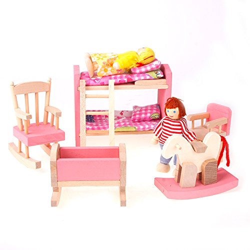safeinu Wooden Dollhouse Funiture Kids Room Set Toy
