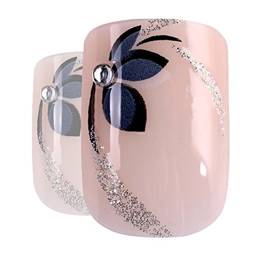 Bling Art False Nails Französisch Maniküre schwarz Weiß Blume 24 Mittel Tipps UK - 4