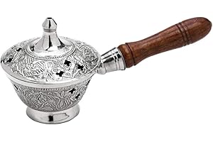 ‎NKLAUS NKlaus Räucherpfännchen mit Holzgriff für Weihrauch Räucherwerk Räuchermischung Räuchergefäß Messing vernickelt massiv Handarbeit Dekoration Esoterik 2835