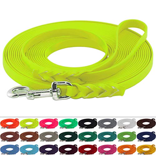 LENNIE BioThane Schleppleine, 13mm, Hunde 15-25kg, 12m lang, mit Handschlaufe, Neon-Gelb, geflochten
