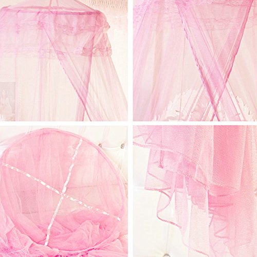 Prinzessin Travel Moskitonetz Fliegennetz Mückennetz Insektennetz Spitze Betthimmel Moskitonetzen Rund Moskitonetz für Einzel-oder Doppelbetten Indoor or Outdoor With A Full Hanging Kit (rosa) - 5