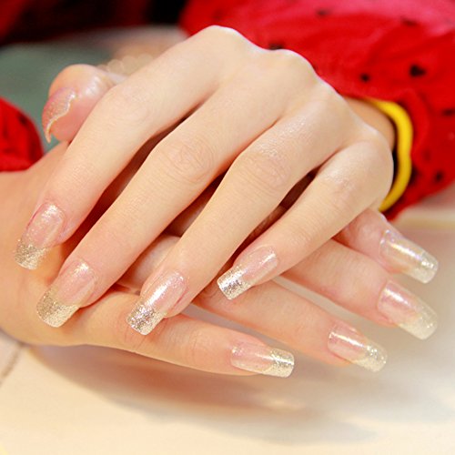 YUNAI 24pcs/set False Nails Transparent French Fake Nails Glitter Long Nail Design