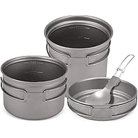 Lixada Titanium Topf Set aus reinem Titan, 1100ml / 1600ml Topf + 350ml / 500ml Pfanne,Φ125 * 102mm, mit faltbarem Griff…