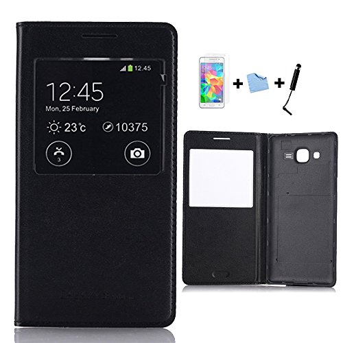 e-max 4 in 1 Schutzhülle Flip Cover mit rundem Sichtfenster für Samsung Galaxy Grand Prime SM-G530FZ, inklusive Displayschutzfolie und Eingabestift, Weiß schwarz #Noir pour Galaxy Grand Prime G530H