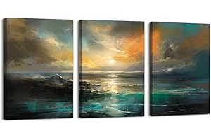 PIY PAINTING Abstraktes Meer Leinwandbilder 3er Bilder Landschaft Ölgemälde Kunstdrücke auf Leinwand Sonnenuntergang Wand dekoration Design Wand Bild mit Innenrahmen für Schlafzimmer Home Deko 30x40cm