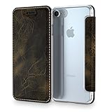 Urcover&reg; Apple iPhone 7 Handy Schutz-H&uuml;lle &ndash; ECHT LEDER Tasche &ndash; [Handgefertigt] Bookstyle Flip Case Cover mit Kartenfach | Transparente bruchsichere Schale - Rundum-Schutz Zubeh&ouml;r Farbe: Olive