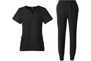 Meichoon Conjunto de uniformes de enfermera para mujer Cuello redondo elástico Top Secado rápido Drawstring Yoga Jogging Pantalones Slim Fit Médico Ropa de trabajo DK53