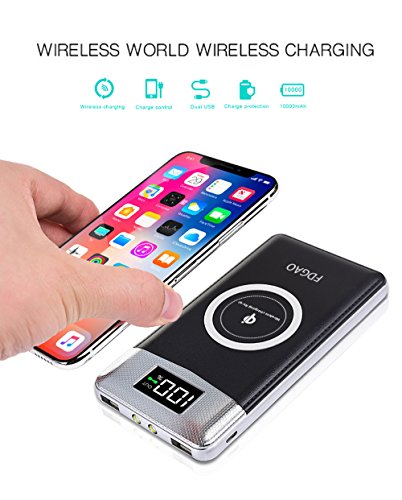 Chargeur    Induction sans fil  FDGAO Batterie Externe 10000mAh Wrieless Power Bank avec Affichage Num  rique Chargeur Portable pour iPhone 8 8 Plus   iPhone X  Samsung Galaxy S9 S8 S7 S6 S6 Edge   Note 5 et tous les appareils compatibles Qi  Noir