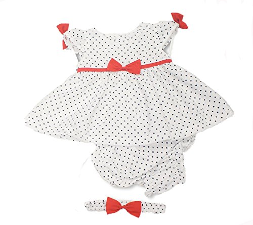 Baby Girls Summer White Dress With Navy Pinspot & Red Bows Design Inc Knickers & Headband - 3-6 Months