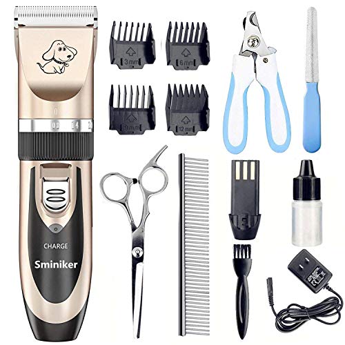 Sminiker Profession Dog Clippers Rechargeble Cordless Dog Grooming Clippers Low Noise Pet Clippers with 4 Comb Guides for Small Medium Large Dogs Cats and Other House Animals, Pet Grooming Kit