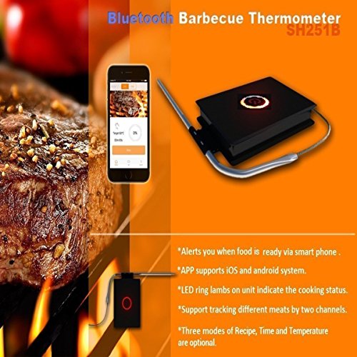 Bluetooth BBQ Thermometer,SGODDE Meat Wireless Barbecue Thermometer, Bratenthermometer für iOS Android Phone mit Sonden, Monitor Food Temp in BBQ, Backofen, Milch, Boiling (Schwarz) Size - 6