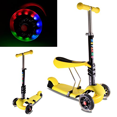 HEYSAMO Kinderroller mit LED Blinken Räder 3 in 1 Dreiradscooter Sitzscooter für Kinder ab 1,5 Jahre bis 50kg,HS01,2 Jahre Garantie(Gelb).