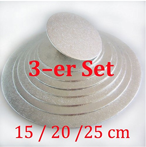 Tortendeko Cake-board-Set 3 teilge circa Ø 25/20/15cm silber, Kuchenplatte rund aus Pappe, Tortenunterlage set
