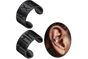 Ticome Viking Rune Hoop & Cuff Earrings for Men Women,Stainless Steel Black Punk Ear Cuffs,Onyx Norse Runes Studs Clip On Jewelry Accessories
