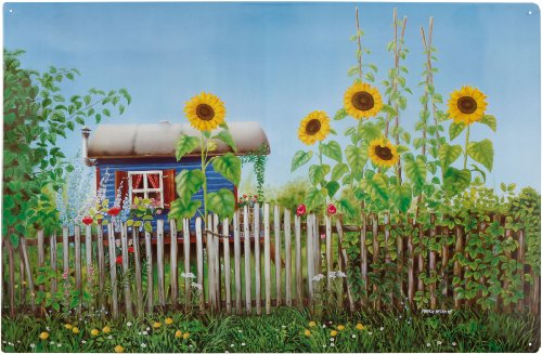 Magnettafel Bauwagen – Beschauliche Design Metall Magnetpinnwand 60×40 cm – Memoboard Pinnwand mit Motiv: Blume & Natur Gartenlaube – inkl. 8 Magnete Garten Zwerge für Magnetwand – Original GUMA Magneticum® - 3