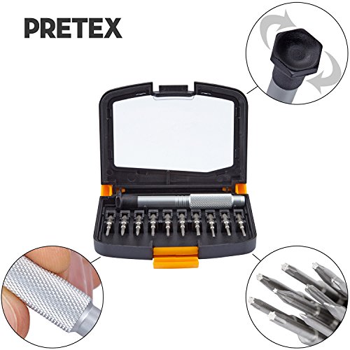 PRETEX Mini Schraubendreher-Set für kleine Schrauben mit 10 Wechsel-Einsätzen, inklusive praktischer Aufbewahrungsbox | 2 Jahre Zufriedenheitsgarantie | Aufsätze: Schlitz (SL 1.5, SL 2.0), Kreuz-Schlitz (PH000, PH00), Torx (T4, T5, T6) und Pentalob (0.8, 1.2, 1.6) | Bit-Set, Torque-Set, Kreuzschlitz-Set, Präzisions Mini-Schraubendreher - 2