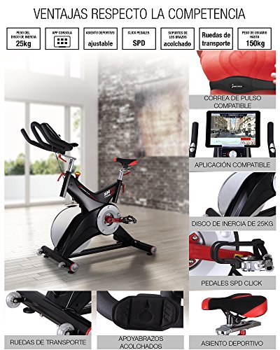 Bicicleta Estática Profesional Sportstech SX500 con control de aplicaciones por smartphone, Google Street View, soporte alcochado para brazos, pulsometro compatible, pedestale con sistema SPD click