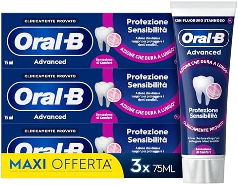 Oral-b Dentifricio Advanced Protezione Sensibilità 3x75ml, Dentifricio per Denti Sensibili, Pulizia Denti Efficace, Alito Fresco, Sapore Eucalipto Menta Piperita