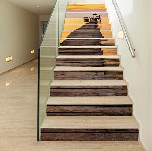 Preisvergleich Produktbild TIEZHI Sonnenuntergang Landschaft PVC Selbstklebende Wandaufkleber Schritt Aufkleber Wasserdichte Tapete Treppenrenovierung