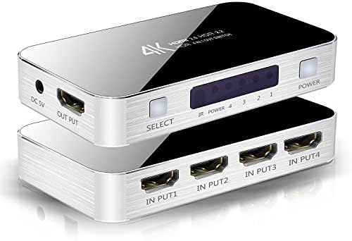 4x1 HDMI Switch 4 in 1 out HDMI Switcher 4 Ports 4K Ultra HD 4Kx2K@60Hz HDCP 2.2 HDMI Switcher Box with IR Remote [Support Full HD 3D 1080p] for Macbook PS3/4 Blue-ray DVD/ Fire TV/ Wii/ PSP Etc