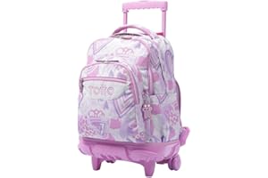 TOTTO - Mochila Escolar con Ruedas, Modelo Renglones, Capacidad 26,21 Litros, Bolsillo para PC 14" y Bolsillo para Botella, Correas en S para Mayor Comodidad, Resistente, Estampado Amalia