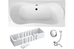 VBChome Badewanne 180x80 cm Acryl SET 3in1 Wannenträger Siphon Wanne Rechteck Weiß Classic Styroporträger Ablaufgarnitur in Chrom Viega Simplex für 2 Personen (180x80)