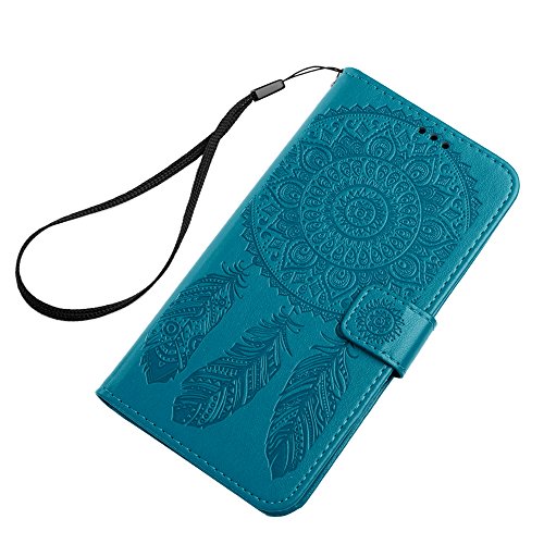 Lanveni Lederhülle Leder Tasche für Sony Xperia E5 Hülle Windspiele Muster Design Case Cover Bookstyle Brieftasche Card Slot Handy Schutzhülle Back Cover (Blau) + 1 x Stylus Pen + 1 x Staubdichte Stecker - 2