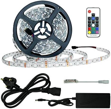 Achivy LED Strip Lights Kit, 16.4ft 5M Waterproof IP65 Color Changing RGB 5050 Flexible LED Tape Light with 17 Keys RF Wireless Remote and 12V DC Power Supply for Home Party Holidays-Adhesive Backing