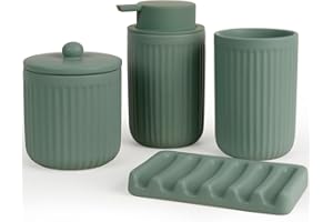 Autumnlife Badezimmer Set Grün, 4-teilig Keramik Bad Zubehör - 350 ml Seifenspender, Zahnputzbecher, Seifenschale & Wattestäbchen Behälter, Deko Badausstattung Set für Waschbecken