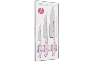 Arcos Set Cuchillos Cocina Profesionales Forjados en Acero Inoxidable. Juego de 3 Cuchillos (Pelador 100 mm + Cocinero 150 mm + Cocinero 200 mm). Mango Ergonómico Rosa en Polioximetileno. Riviera Rose