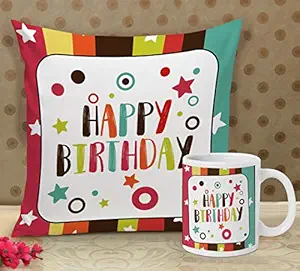 TIED RIBBONS Satin & Microfibre 2000TC Cushion Cover with Filler and Coffee Mug, 12 x 12 inch, Multicolour, 1 Cushion Cover with Filler, 1 Coffee Mug