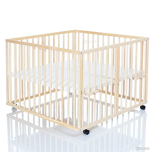 Wooden Baby Playpen 100x100 cm Niklas nature - base covered with PVC foil and height adjustable - 4 wheels