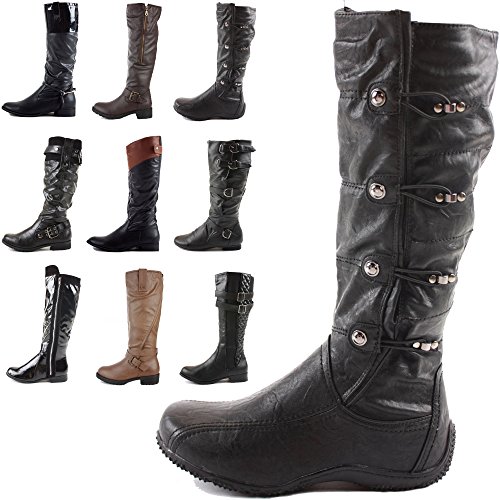 Ladies Flat Winter Biker Riding Style Low Heel Wide Calf Leg Knee High Boots Size