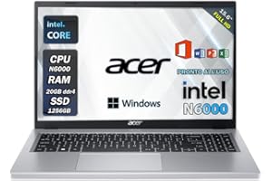 Acer aspire 3 | Pc portatile, intel core N6000 | Ram 20 GB ddr4 | SSHD 1256 GB | Silver | Display 15.6" FHD | BT | WiFi | Windows 11 Pro | Pacchetto Office Pro | Computer portatile Notebook