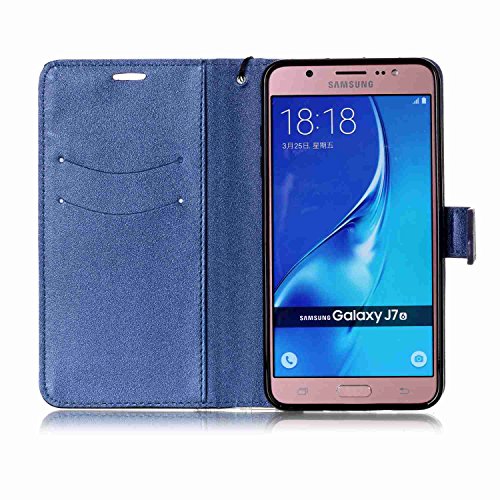 Galaxy J7 2016 Hülle,Galaxy J7 2016 Schutzhülle,Galaxy J7 2016 Leder Hülle,ikasus® Schlagfarbe Nähte Spleiß Stil Naht Farben PU Lederhülle Flip Hülle im Bookstyle Cover Schale Slim Fit Soft Silikon Magnetverschluss Schutzhülle PU Leder Hülle Flip Wallet Case Kunstleder Tasche Cover mit Standfunktion und Kartenfächer Tasche Wallet Case für Samsung Galaxy J7 (2016) – Blau - 3
