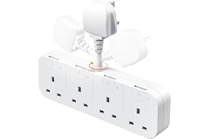 ANVODE Multi Plug Extension Socket 4 Way with Flexible Plug, 4 Gang Plug Adapter UK with Individual Switches, Short Small Extension Adaptor for Home, Kitchen. White