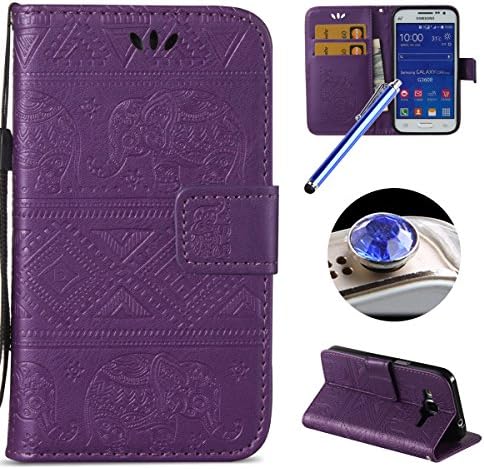 Galaxy Core Prime G360 Strap Leather Case,Samsung Galaxy Core Prime G360 Wallet Case,Etsue Retro Vintage Pressed Tribal Elephant Pattern Pu Bookstyle Strap Leather Wallet Flip Protective Case Cover with Stand and Card Slots for Samsung Galaxy Core Prime G360+Blue Stylus Pen+Bling Glitter Diamond Dust Plug(Colors Random)-Elephant,Purple
