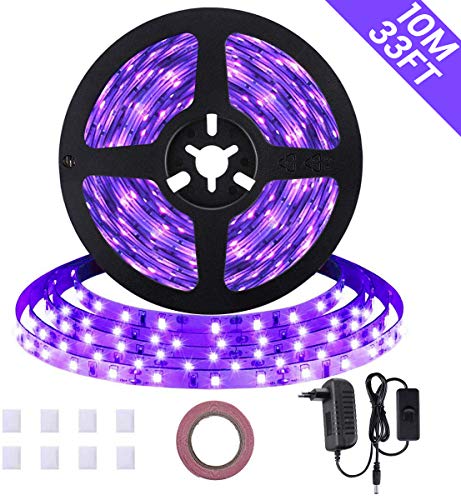 GLIME UV Schwarzlicht Led Streifen 10M 600 LEDs Lichtband UV LED Strip Kit mit Schalter Netzteil Selbstklebend LED Bänder SMD 2835 AC100-220V geeignet für Partys, Galerie, Halloween-Dekorationen