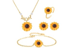 TOFBS 4 Stück Sonnenblumen Schmuckset Halskette Armband Ring Ohrringe Blumen Damen Schmuck Silberkette Perlen Anhänger Natur Motiv