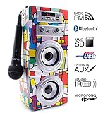 altavoz karaoke 2 microfonos [Contenido del pack]: Batería 1000mAh (Interna) / Micrófono / Antena extensible / Cable Audio & Carga / Mando a distancia / Manual de Usuario. El dispositivo incluye una ranura para una batería externa en la parte inferior del altavoz, tipo BL-5C (NO INCLUIDA) para poder ampliar la autonomía del producto. [Especificaciones técnicas]: Potencia de altavoz: 10W (5Wx2) / Frecuencia de respuesta: 20-20KHz / Señal de amplificación: >80Db / Dimensiones: 10x11.8x30cm / Voz de asistente en Español.
