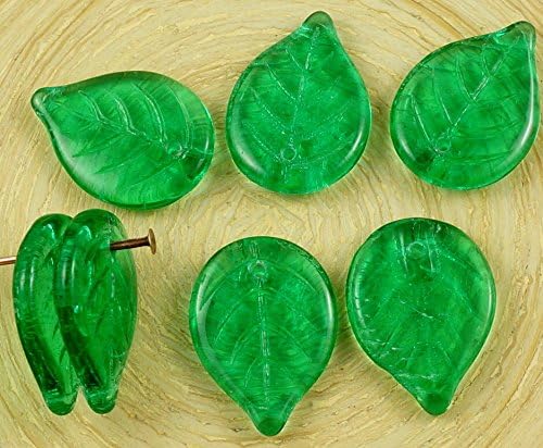 10pcs Crystal Green Large Flat Leaf Czech Glass Carved Beads 18mm x 13mm