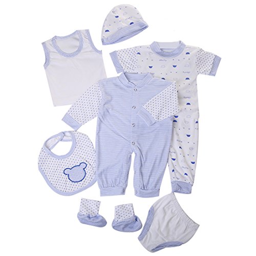 WANGSAURA Baby Infant 8pcs Cotton Clothing Set (Overall+Bib+Pajama+Cap+Footies+Vest-Briefs) Newborn Caring Gift (Blue)