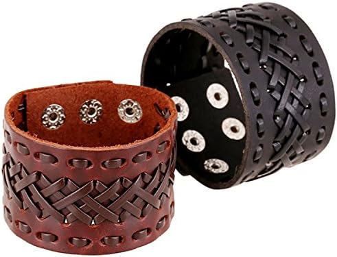 Circle Leather Bracelet Wristband Unisex Punk Style Real Leather Wristbands Wide Leather Bangle Hand Woven Bracelet,Brown